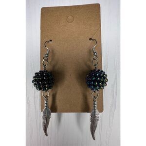 Handmade Vintage Bead and Feather Dangly Earrings